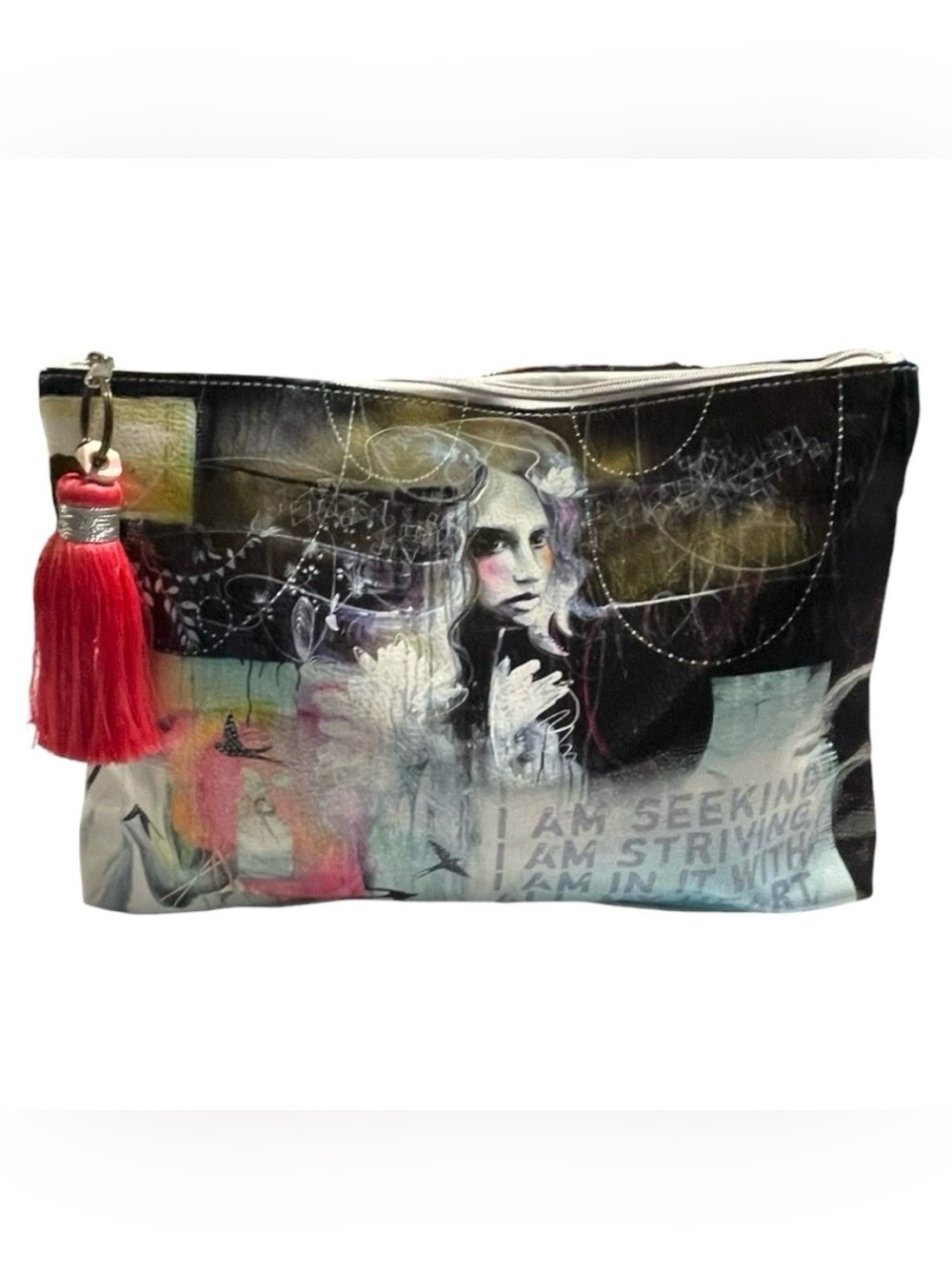Papaya Art LARGE Zipper Bright Pink Tasseled  FLAT BOTTOM Clutch Bag - “I Am”